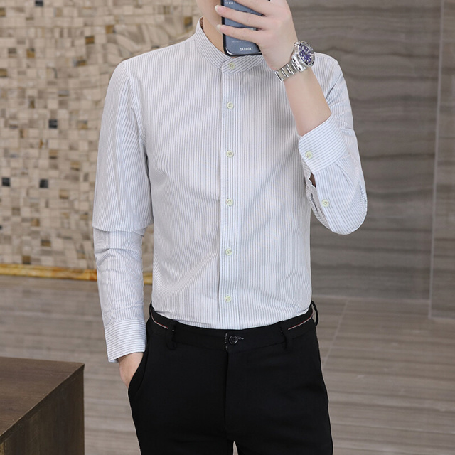 11688549.新款高端纯棉条纹休闲长袖衬衫立领衬衣男