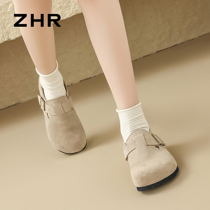 12735210.【ZHR则则】勃肯鞋圆头套脚平底女鞋[牛剖层绒面革]