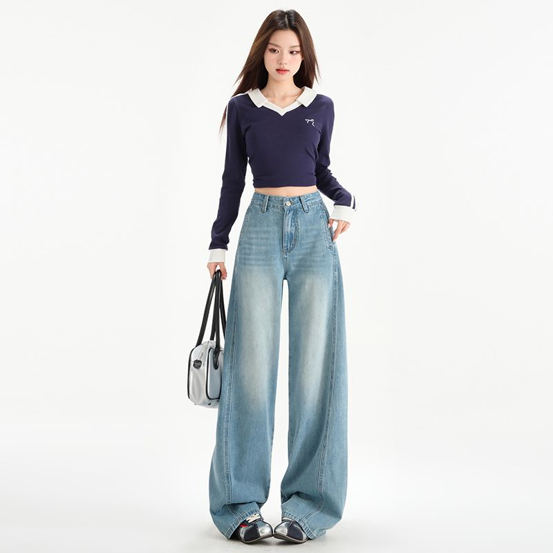11689623.柒蒙 高腰潮流百搭弯刀阔腿牛仔裤女新款宽松慵懒直筒裤