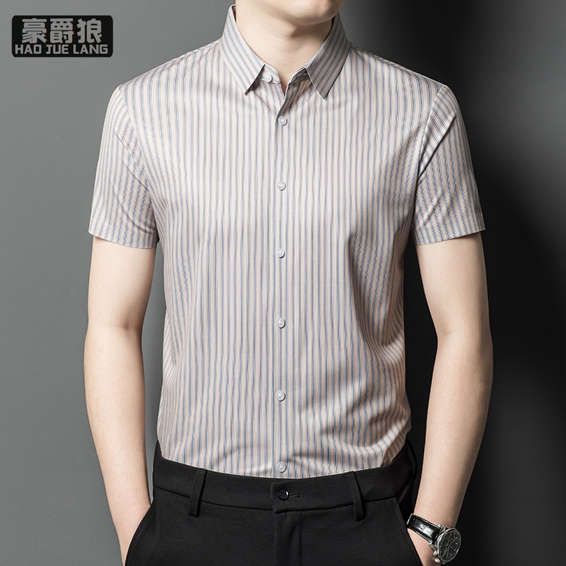 11693975.短袖衬衫男士夏季条纹休闲上衣中年爸爸装翻领半袖衬衣
