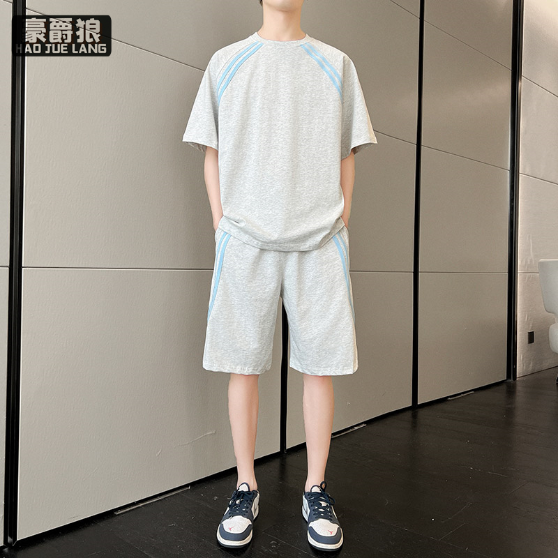 11693874.男式宽松条纹运动套装春夏新款高街短袖T恤短裤两件套