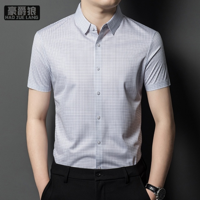 11693938.男士短袖衬衫夏季中青年格子商务休闲修身免烫衬衣潮