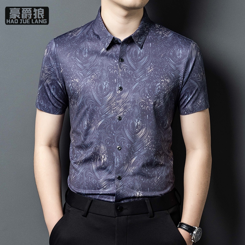 11693894.男士冰丝短袖衬衫夏季薄款衬衣中年爸爸宽松半袖休闲印花上衣