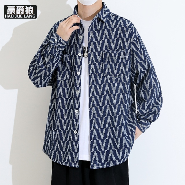11693922.春季港风牛仔衬衫格子男装条纹宽松潮流时尚休闲青春百搭衬衣上衣