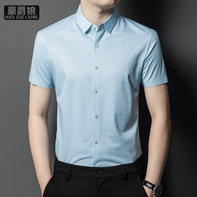 11693939.短袖衬衫男士高端商务免烫上衣夏季新薄款格子休闲半袖衬衣男