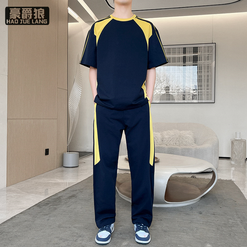 11693877.短袖T恤男夏季简约宽松运动拼色潮牌圆领上衣裤子两件套装