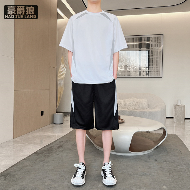 11693879.男士夏季新款短袖T短裤套装潮牌时尚青少年运动服整套