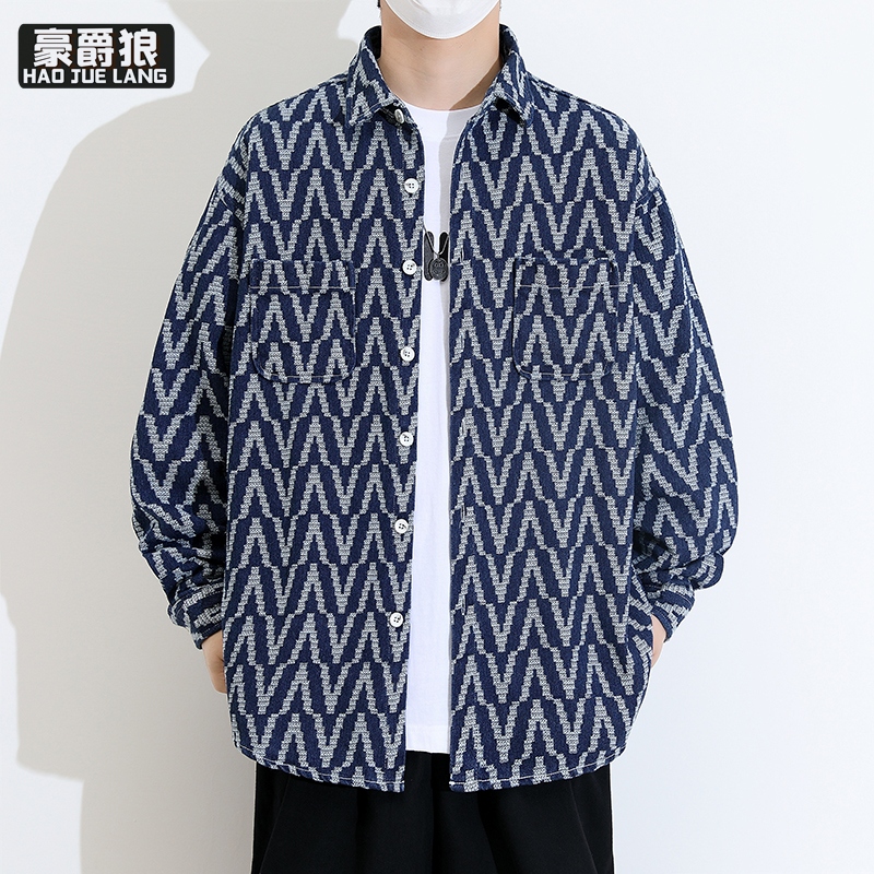 11693922.春季港风牛仔衬衫格子男装条纹宽松潮流时尚休闲青春百搭衬衣上衣