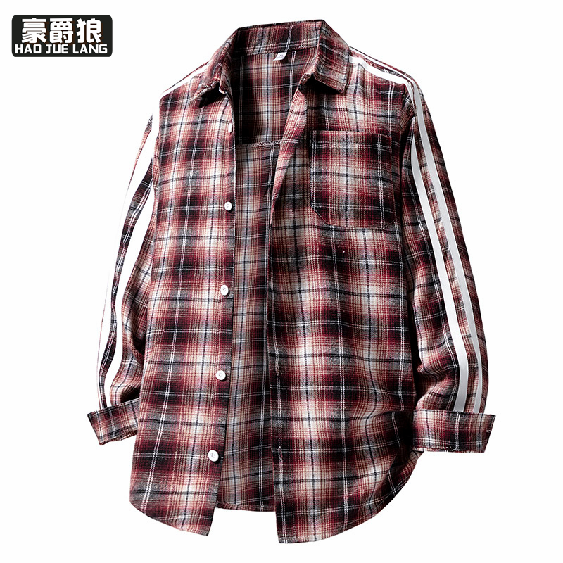 11693983.格子衬衫男春秋季新款美式复古长袖衬衣外套男生潮流休闲上衣