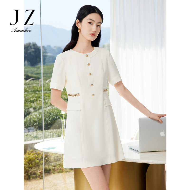 11694905.JZ玖姿小香风短袖连衣裙女装2023夏季新款优雅通勤醋酸裙子