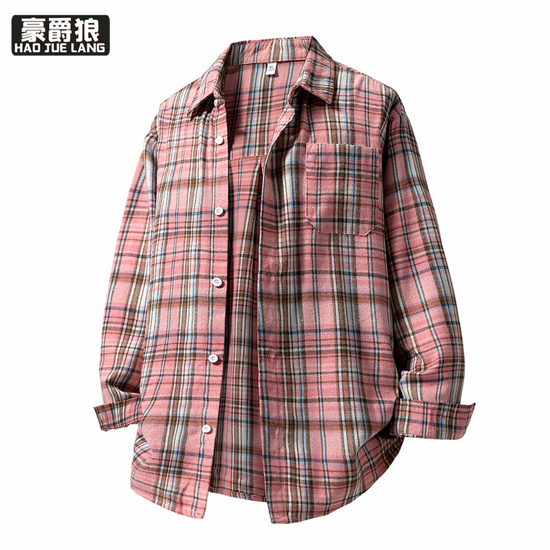 11693944.格子长袖衬衫春秋季新款美式高街潮牌宽松休闲衬衣外套