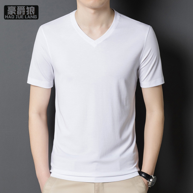 11693951.桑蚕丝短袖t恤男夏季纯色V领薄款半袖休闲潮流百搭冰丝