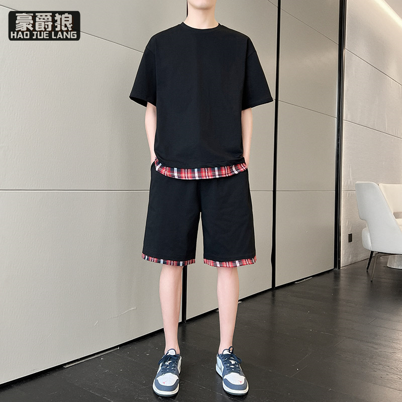 11693910.宽松拼接运动套装男春夏季高街短袖T恤短裤两件套