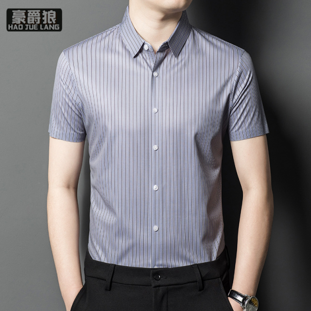 11693975.短袖衬衫男士夏季条纹休闲上衣中年爸爸装翻领半袖衬衣