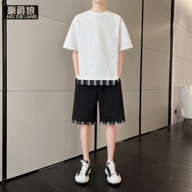 11693910.宽松拼接运动套装男春夏季高街短袖T恤短裤两件套