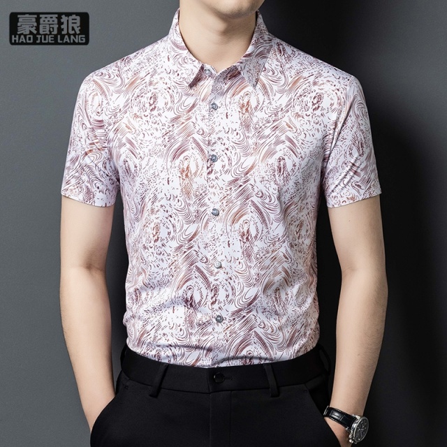 11693894.男士冰丝短袖衬衫夏季薄款衬衣中年爸爸宽松半袖休闲印花上衣