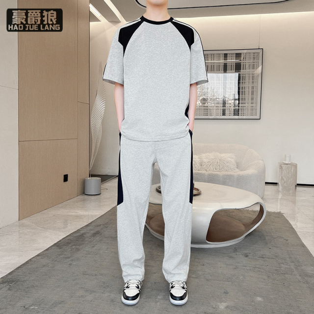 11693877.短袖T恤男夏季简约宽松运动拼色潮牌圆领上衣裤子两件套装