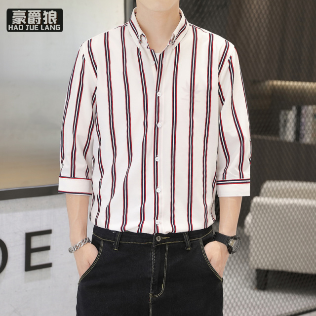 11693911.夏季潮牌潮流短袖衬衫男士格子衬衣宽松七分袖中袖百搭外套男