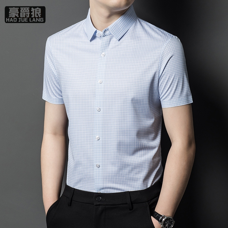 11693938.男士短袖衬衫夏季中青年格子商务休闲修身免烫衬衣潮