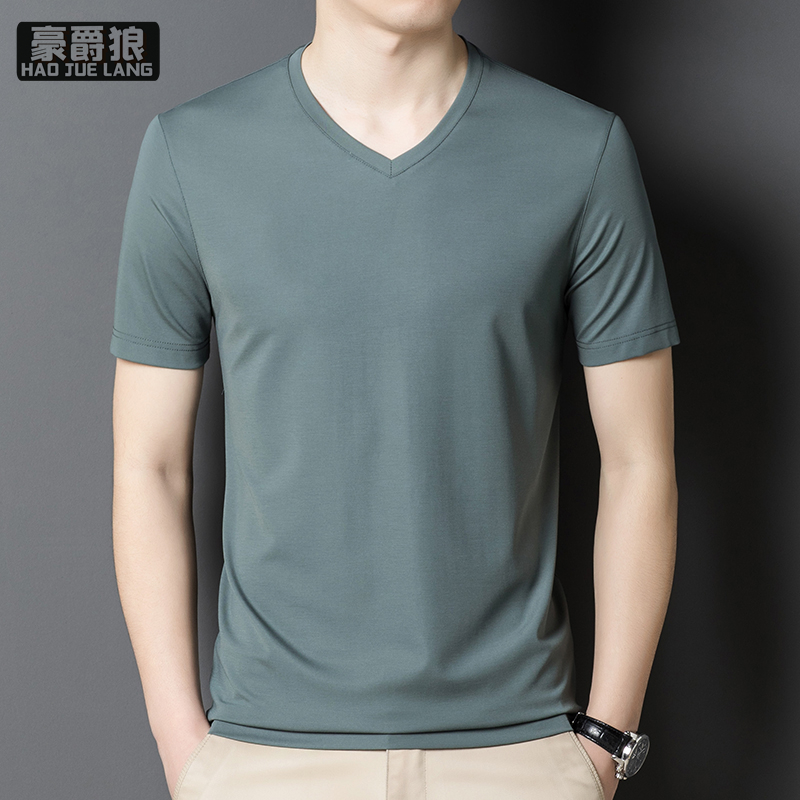 11693951.桑蚕丝短袖t恤男夏季纯色V领薄款半袖休闲潮流百搭冰丝
