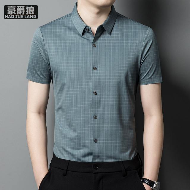 11693955.无痕衬衣冰丝条纹短袖衬衫男夏中青年商务休闲压胶半袖