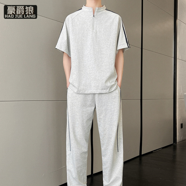 11693878.男式运动套装半拉链立领运动套装春夏季高街短袖T恤长裤两件套