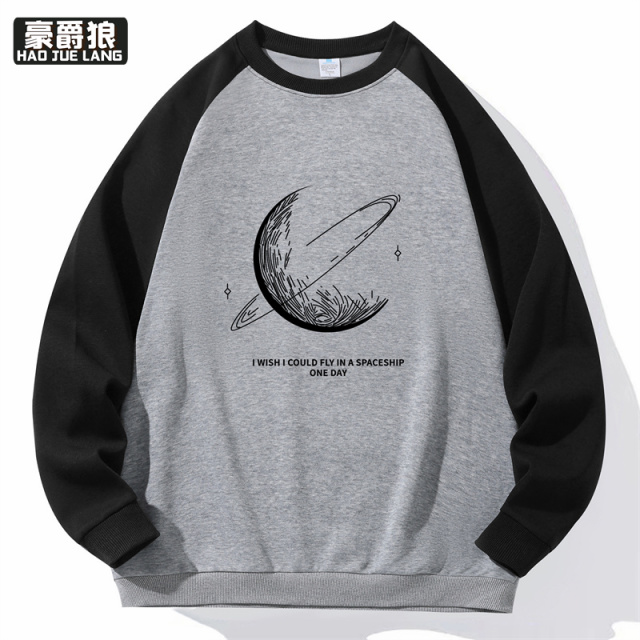 11693883.插肩撞色圆领卫衣男士春秋季新款宽松百搭情侣装长袖t恤外套上衣