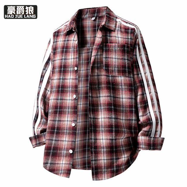 11693983.格子衬衫男春秋季新款美式复古长袖衬衣外套男生潮流休闲上衣