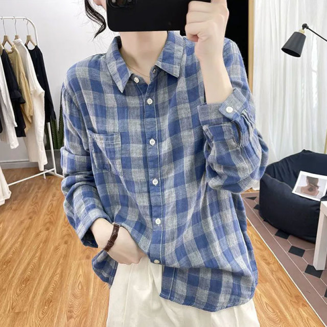13460467.初云紫衣春秋装 女文艺长袖衬衫格子宽松复古翻领减龄衬衣1342