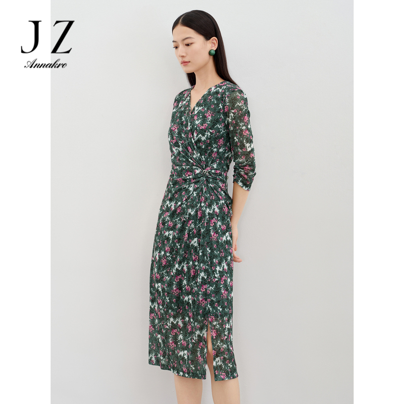 11698558.玖姿安娜蔻浪漫碎花围裹式修身中袖茶歇裙连衣裙女2024春季新款