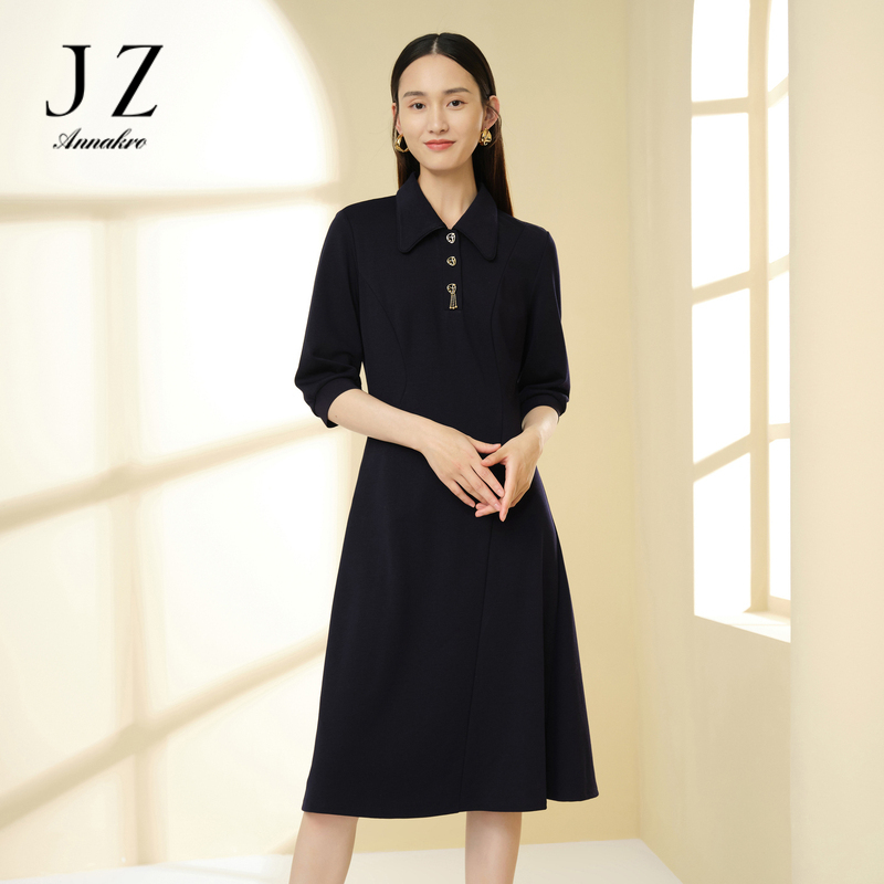 11701593.JZ玖姿POLO领气质连衣裙女2023春季新款时尚休闲通勤长裙丈青色
