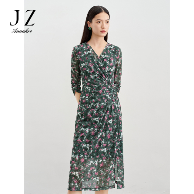 11698558.玖姿安娜蔻浪漫碎花围裹式修身中袖茶歇裙连衣裙女2024春季新款