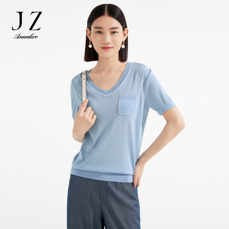 11708772.JZ玖姿商场同款冰川蓝桃心领小衫女夏季新款针织衫JWCX31222