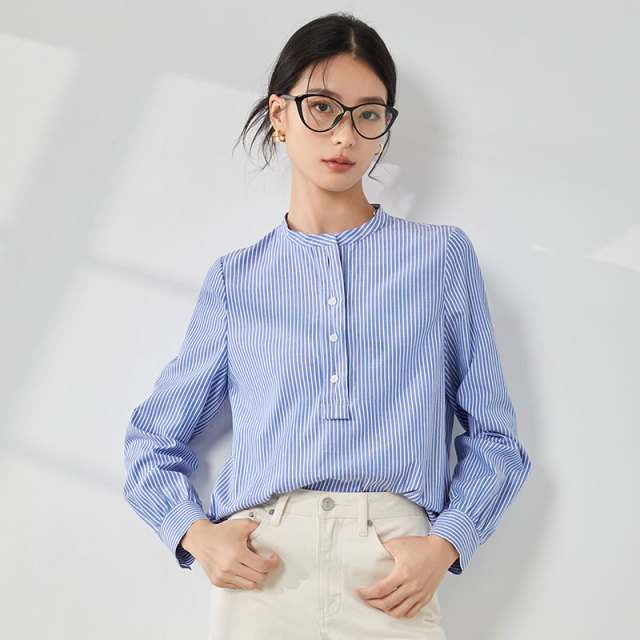 11708731.曼贝春季新款宽松简约蓝条纹女式衬衫