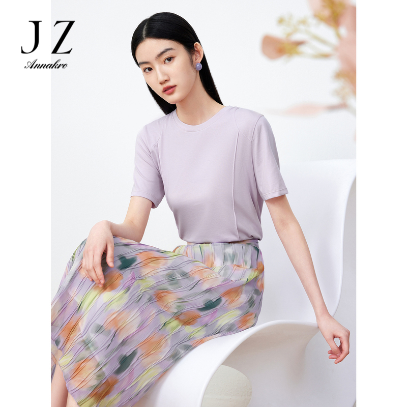 11708441.JZ玖姿丝光棉T恤女装夏季新款纯色休闲套头短袖上衣粉紫色