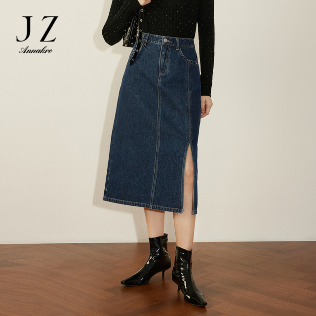 11707850.JZ玖姿休闲显瘦棉半身裙女装2023春季新款时尚侧开衩牛仔裙子