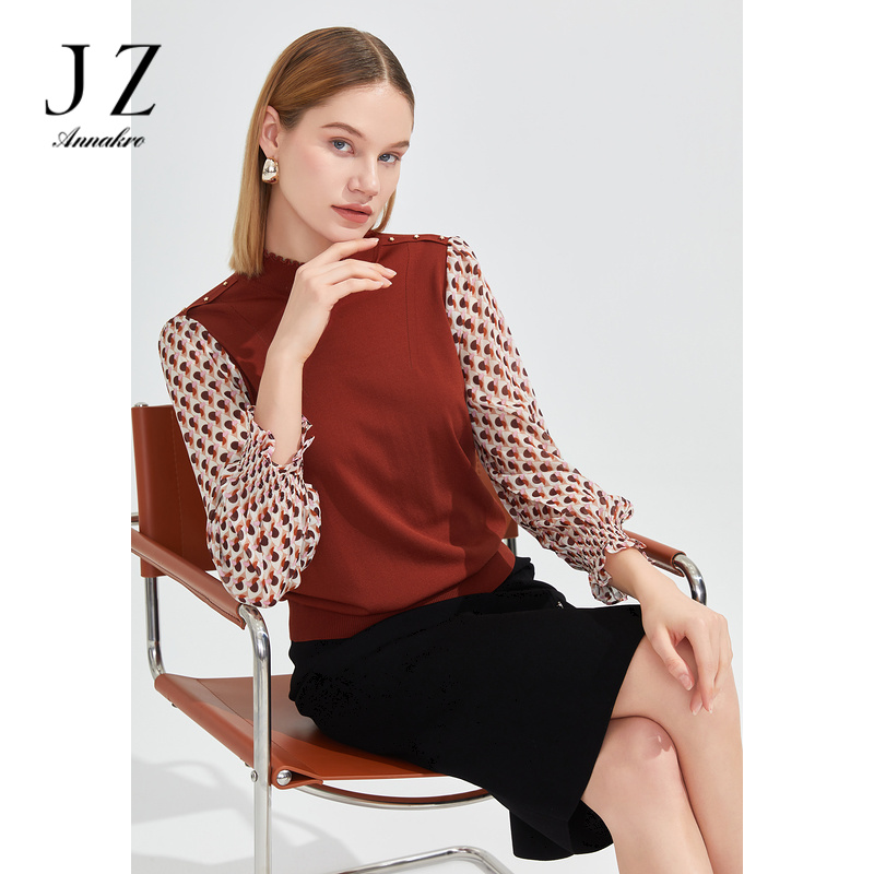 11708845.JZ玖姿假两件时尚气质花边小衫女春季雪纺拼接针织衫红咖色
