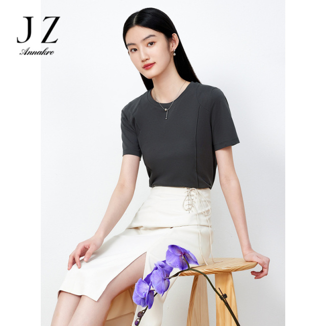 11708441.JZ玖姿丝光棉T恤女装夏季新款纯色休闲套头短袖上衣粉紫色