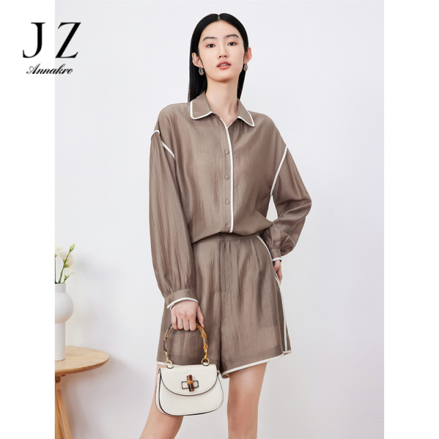 11709040.JZ玖姿肌理微皱衬衫女装2023夏季新款落肩袖宽松休闲外套