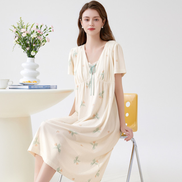 11714284.芬腾【100%棉可外穿】夏季新款蕾丝方领碎花短袖裙女家居服睡裙