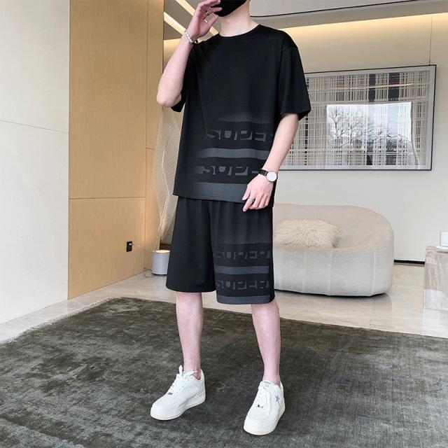 11713956.夏装冰丝休闲运动服五分短裤套装