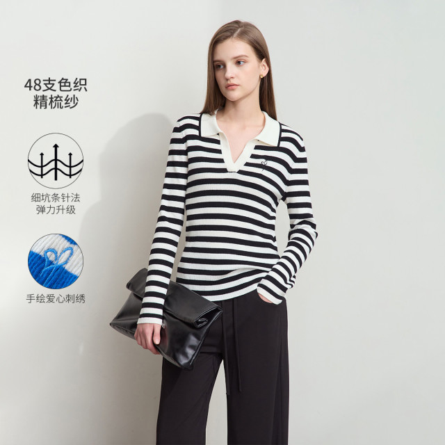 11740410.春季新款极简百搭翻领合体条纹色织绣花毛针织衫女通勤上衣