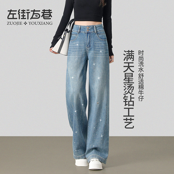 13000893.【左街右巷】闪亮烫钻银河高级感拖地直筒裤