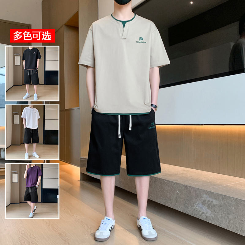 11714087.衣仕梵夏季新款男款假两件短袖休闲运动套装【衣仕梵男装XJ】
