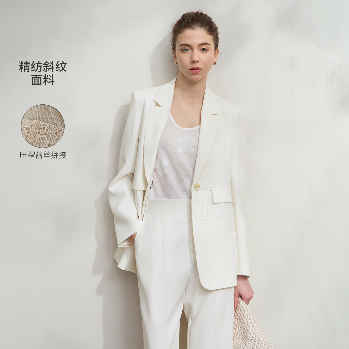 11740465.新款高级职场通勤蕾丝拼接垫肩西装女西服职业装宽松上衣