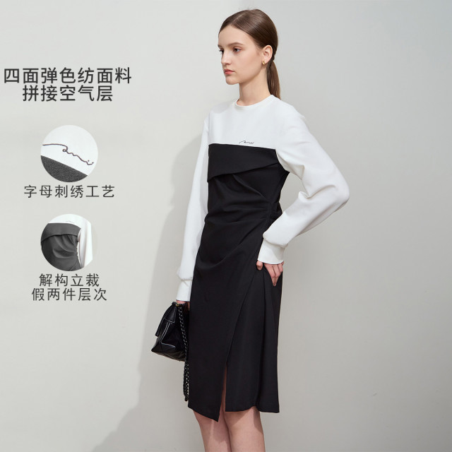 11740539.春款撞料拼接空气层假两件连衣裙女收褶开叉绣花裙子