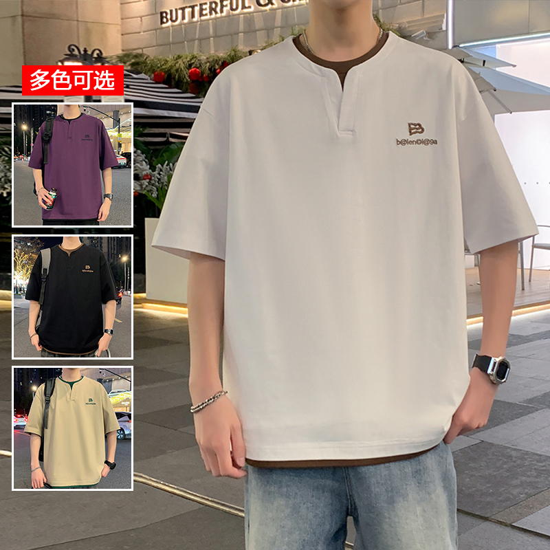 11714084.衣仕梵夏季新款男款假两件简约小标潮流百搭短袖T恤【衣仕梵男装XJ】