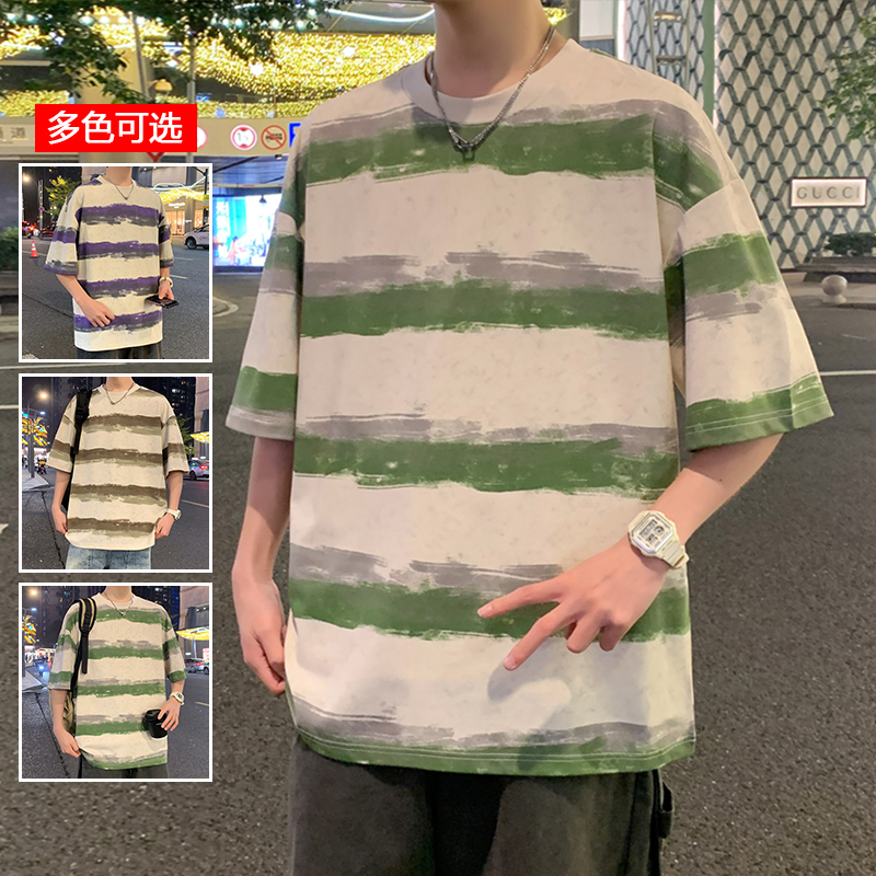 11714063.衣仕梵夏季新款男款潮牌宽松重磅条纹圆领短袖T恤【衣仕梵男装XJ】
