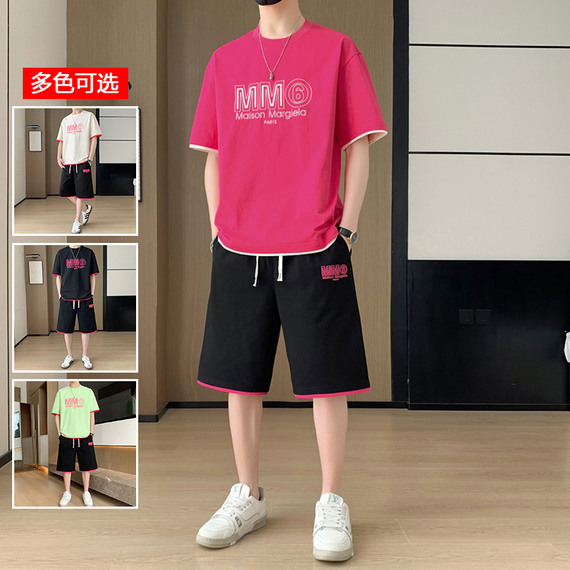 11714092.衣仕梵夏季新款男款假两件短袖青少年休闲运动套装【衣仕梵男装XJ】