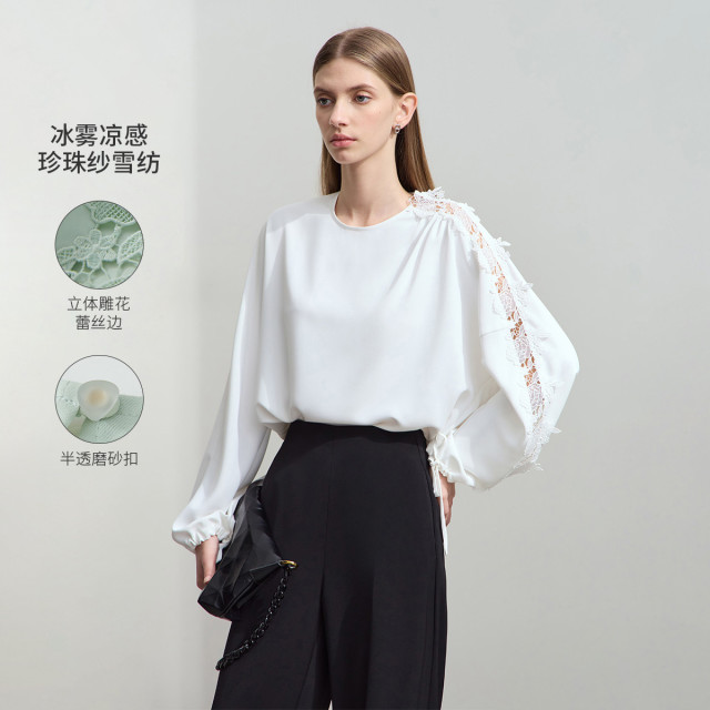 11740407.春季新款立体蕾丝花边系带袖口宽松无弹雪纺衫女时尚通勤上衣